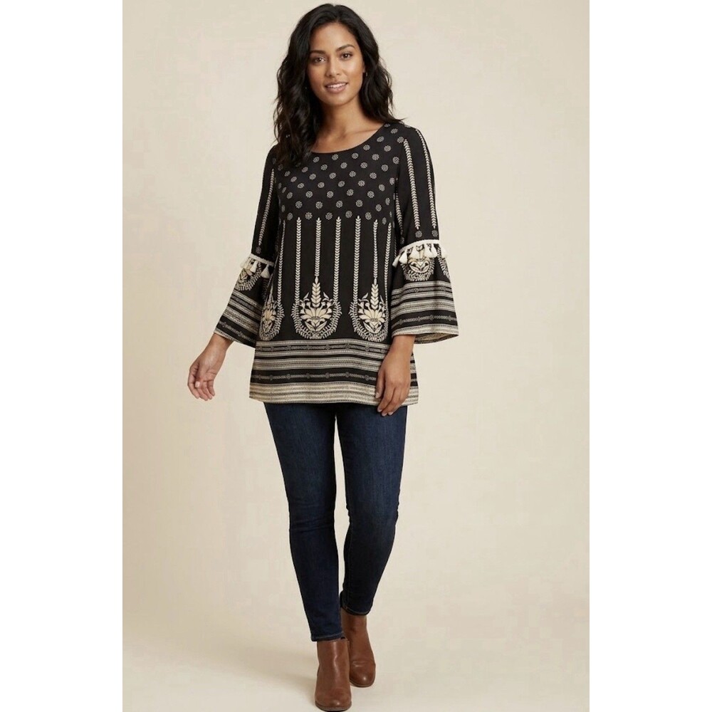 Ali Miles Plaid Art To Wear Bell Sleeve Womens Pullover Top Size M Black White